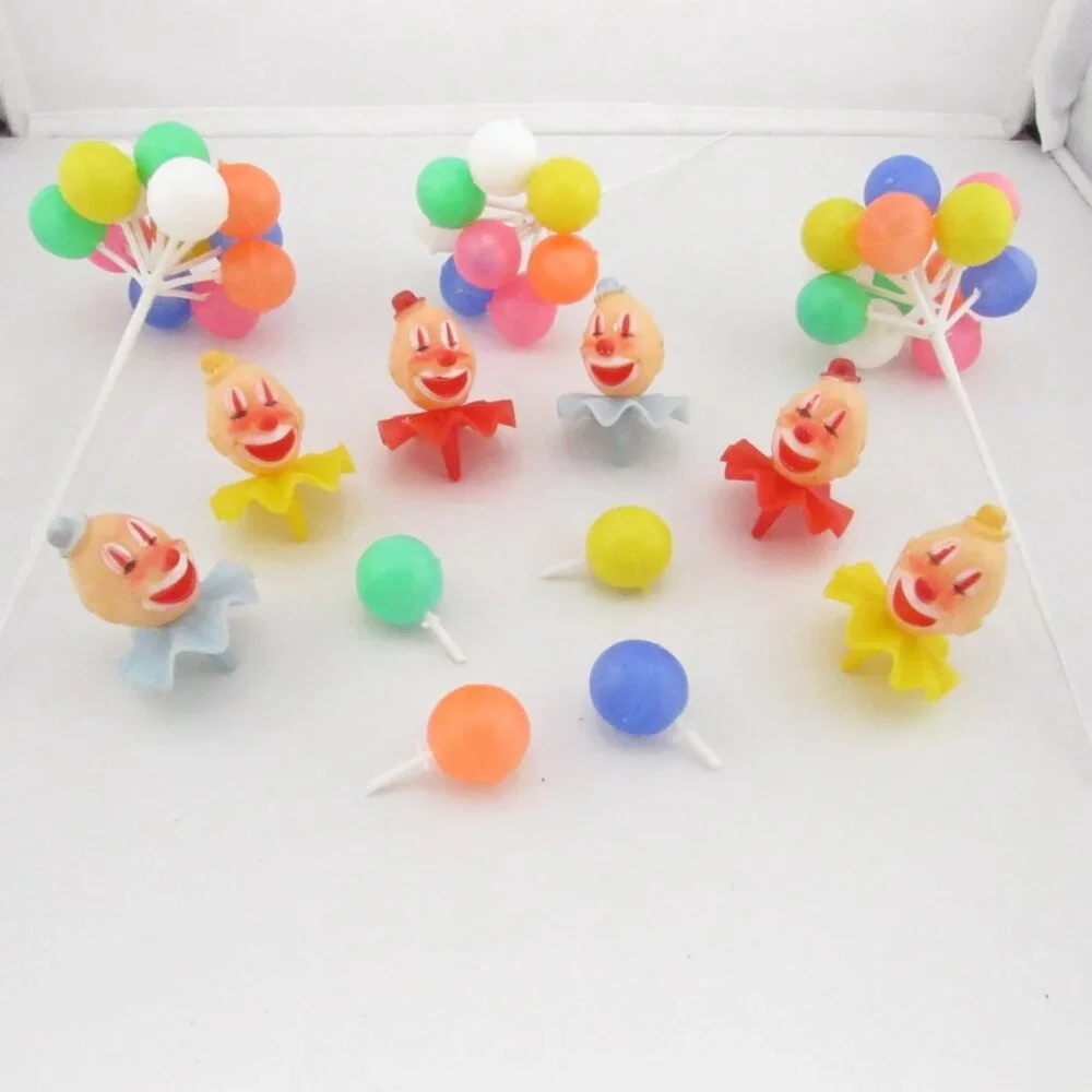 Vintage WILTON Circus Clown Cupcake Cake Toppers Set 6 W/ Balloon Pick Party